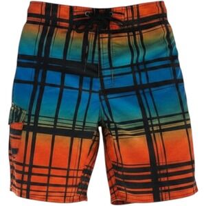 Hang Ten Mens‎ Board Shorts Size 30 Plaid Ombre Orange Blue Black